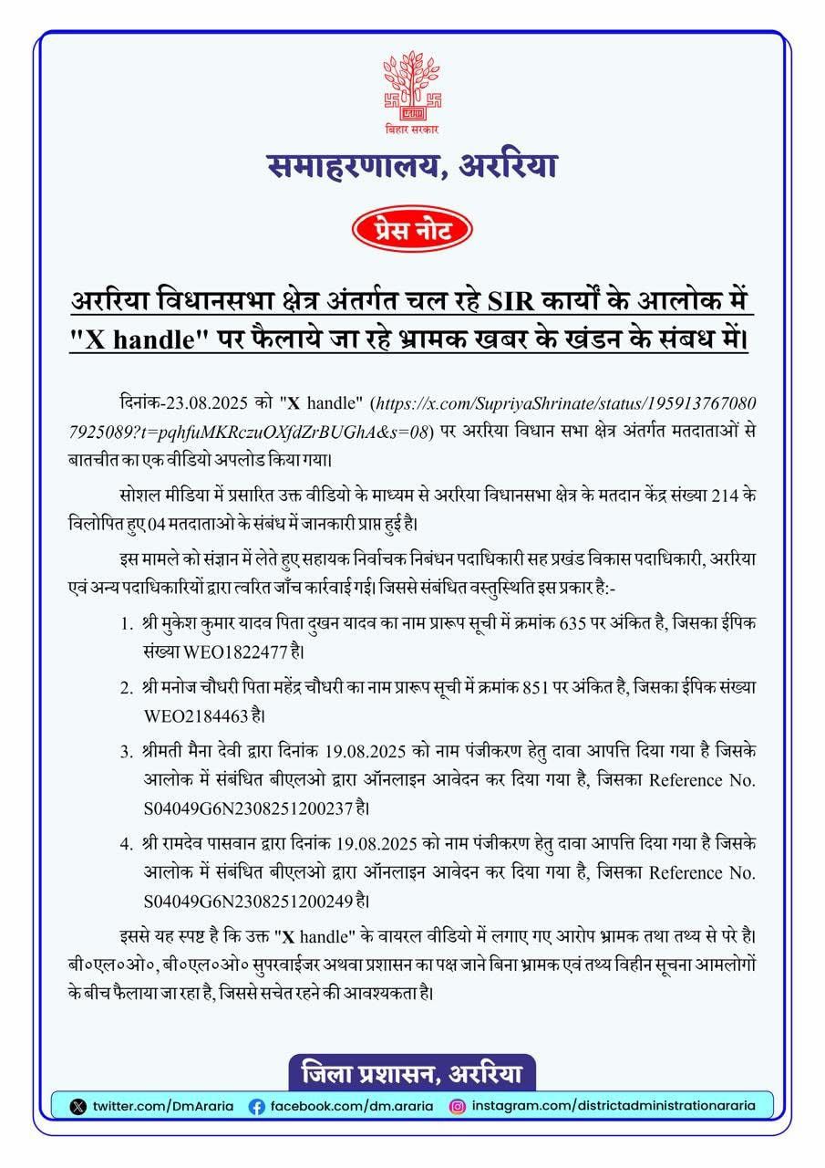 ARARIA NEWS : अररिया जिला प्रशासन ने मतदाताओं के नाम हटाए जाने की खबर को बताया भ्रामक