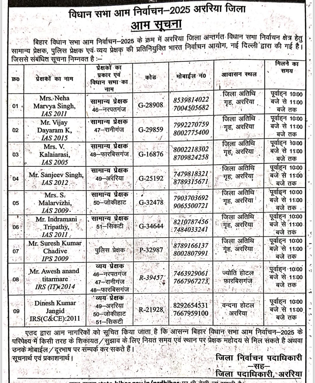 बिहार विधानसभा आम निर्वाचन-2025 – अररिया जिले के लिए प्रेक्षकों की नियुक्ति, मोबाइल नंबर और मिलने का समय जारी